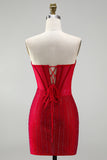 Corset rouge bodycon, robe-courte de bal à perles et bustique à la maison, avec dentelle dans le dos