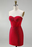 Corset rouge bodycon, robe-courte de bal à perles et bustique à la maison, avec dentelle dans le dos