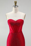 Corset rouge bodycon, robe-courte de bal à perles et bustique à la maison, avec dentelle dans le dos