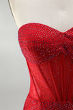 Corset rouge bodycon, robe-courte de bal à perles et bustique à la maison, avec dentelle dans le dos