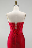 Corset rouge bodycon, robe-courte de bal à perles et bustique à la maison, avec dentelle dans le dos