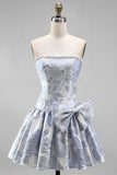 Robe courte de rentrée à la maison Shorts buste A-Line Jawchard Bleu Dusty Pearls avec nœud