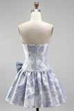 Robe courte de rentrée à la maison Shorts buste A-Line Jawchard Bleu Dusty Pearls avec nœud
