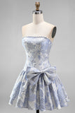 Robe courte de rentrée à la maison Shorts buste A-Line Jawchard Bleu Dusty Pearls avec nœud