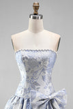 Robe courte de rentrée à la maison Shorts buste A-Line Jawchard Bleu Dusty Pearls avec nœud