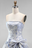 Robe courte de rentrée à la maison Shorts buste A-Line Jawchard Bleu Dusty Pearls avec nœud