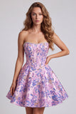 Corset lilas fleur Jacquard Pearls A-Line Strapless robe courte de rentrée
