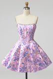 Corset lilas fleur Jacquard Pearls A-Line Strapless robe courte de rentrée