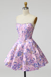 Corset lilas fleur Jacquard Pearls A-Line Strapless robe courte de rentrée