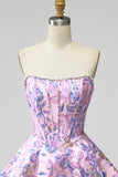 Corset lilas fleur Jacquard Pearls A-Line Strapless robe courte de rentrée