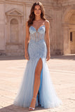Corset de bal, corset en tulle transparent perlé en tulle pâle, longue robe de bal sans bustier avec fente