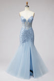 Corset de bal, corset en tulle transparent perlé en tulle pâle, longue robe de bal sans bustier avec fente