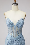 Corset de bal, corset en tulle transparent perlé en tulle pâle, longue robe de bal sans bustier avec fente