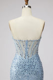 Corset de bal, corset en tulle transparent perlé en tulle pâle, longue robe de bal sans bustier avec fente