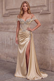 Corset sirène champagne, robe longue de bal fronceuse en satin avec fente