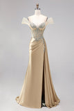 Corset sirène champagne, robe longue de bal fronceuse en satin avec fente