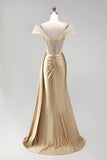 Corset sirène champagne, robe longue de bal fronceuse en satin avec fente