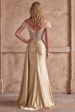 Corset sirène champagne, robe longue de bal fronceuse en satin avec fente