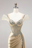 Corset sirène champagne, robe longue de bal fronceuse en satin avec fente