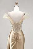 Corset sirène champagne, robe longue de bal fronceuse en satin avec fente