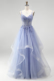 Robe de soirée longue bleu poussiéreux ligne A avec corset transparent, paillettes et broderies florales