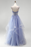 Robe de soirée longue bleu poussiéreux ligne A avec corset transparent, paillettes et broderies florales