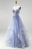 Robe de soirée longue bleu poussiéreux ligne A avec corset transparent, paillettes et broderies florales
