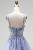 Robe de soirée longue bleu poussiéreux ligne A avec corset transparent, paillettes et broderies florales