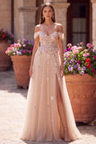 Robe de soirée champagne à épaules dénudées, avec paillettes, corset en tulle, ligne A et appliqués