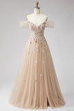 Robe de soirée champagne à épaules dénudées, avec paillettes, corset en tulle, ligne A et appliqués