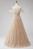 Robe de soirée champagne à épaules dénudées, avec paillettes, corset en tulle, ligne A et appliqués