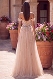 Robe de soirée champagne à épaules dénudées, avec paillettes, corset en tulle, ligne A et appliqués