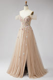 Robe de soirée champagne à épaules dénudées, avec paillettes, corset en tulle, ligne A et appliqués