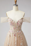 Robe de soirée champagne à épaules dénudées, avec paillettes, corset en tulle, ligne A et appliqués
