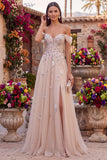 Robe de soirée champagne à épaules dénudées, avec paillettes, corset en tulle, ligne A et appliqués