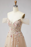 Robe de soirée champagne à épaules dénudées, avec paillettes, corset en tulle, ligne A et appliqués