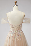 Robe de soirée champagne à épaules dénudées, avec paillettes, corset en tulle, ligne A et appliqués