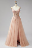 Champagne à col en V 3D appliqués floraux Tulle sequins Ligne A robe de style Maxi avec fente