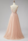 Champagne à col en V 3D appliqués floraux Tulle sequins Ligne A robe de style Maxi avec fente
