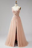 Champagne à col en V 3D appliqués floraux Tulle sequins Ligne A robe de style Maxi avec fente