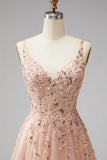 Champagne à col en V 3D appliqués floraux Tulle sequins Ligne A robe de style Maxi avec fente