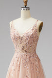 Champagne à col en V 3D appliqués floraux Tulle sequins Ligne A robe de style Maxi avec fente