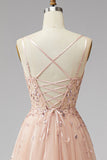 Champagne à col en V 3D appliqués floraux Tulle sequins Ligne A robe de style Maxi avec fente