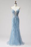 Robe de soirée coupe sirène sans bretelles avec perles bleu clair