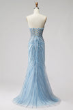 Robe de soirée coupe sirène sans bretelles avec perles bleu clair