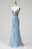 Robe de soirée coupe sirène sans bretelles avec perles bleu clair