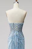 Robe de soirée coupe sirène sans bretelles avec perles bleu clair