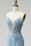 Robe de soirée coupe sirène sans bretelles avec perles bleu clair