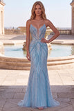 Robe de soirée coupe sirène sans bretelles avec perles bleu clair