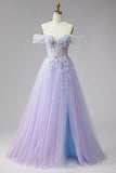 Robe de soirée longue lilas en tulle, avec corset, broderie, perles, paillettes et fente
